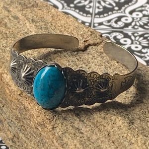 Vintage Silver Plated Faux Turquoise Cuff Bracelet Woman’s Southwestern Jewelry